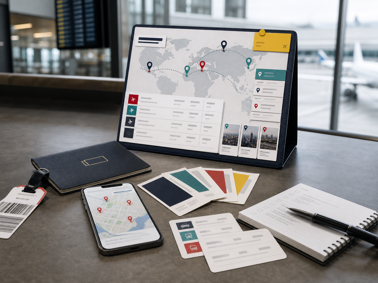Country route planning board with airport and transfer cards